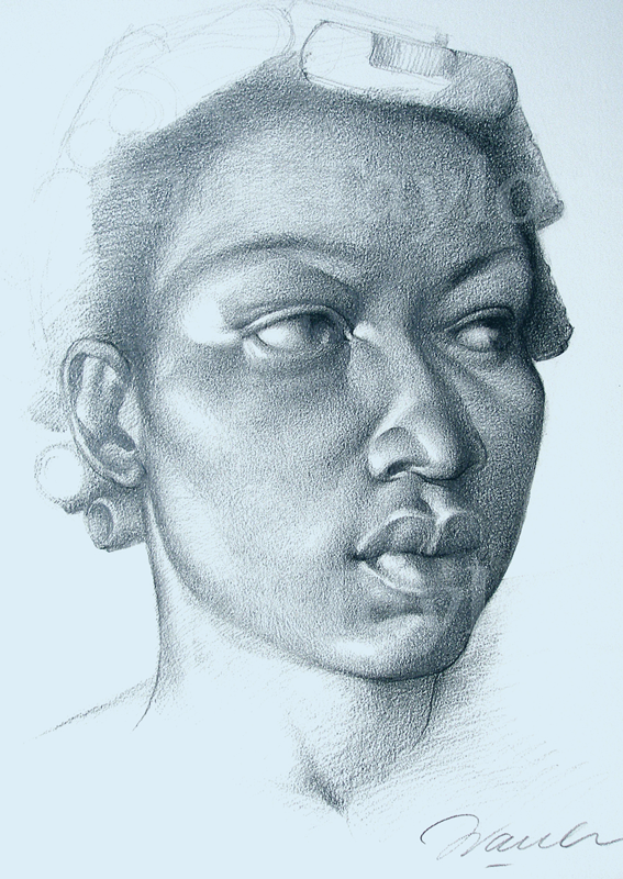 WOMAN WITH HAIR IN ROLLERS | Conte on Paper | 20" x 16" | Artist Collection